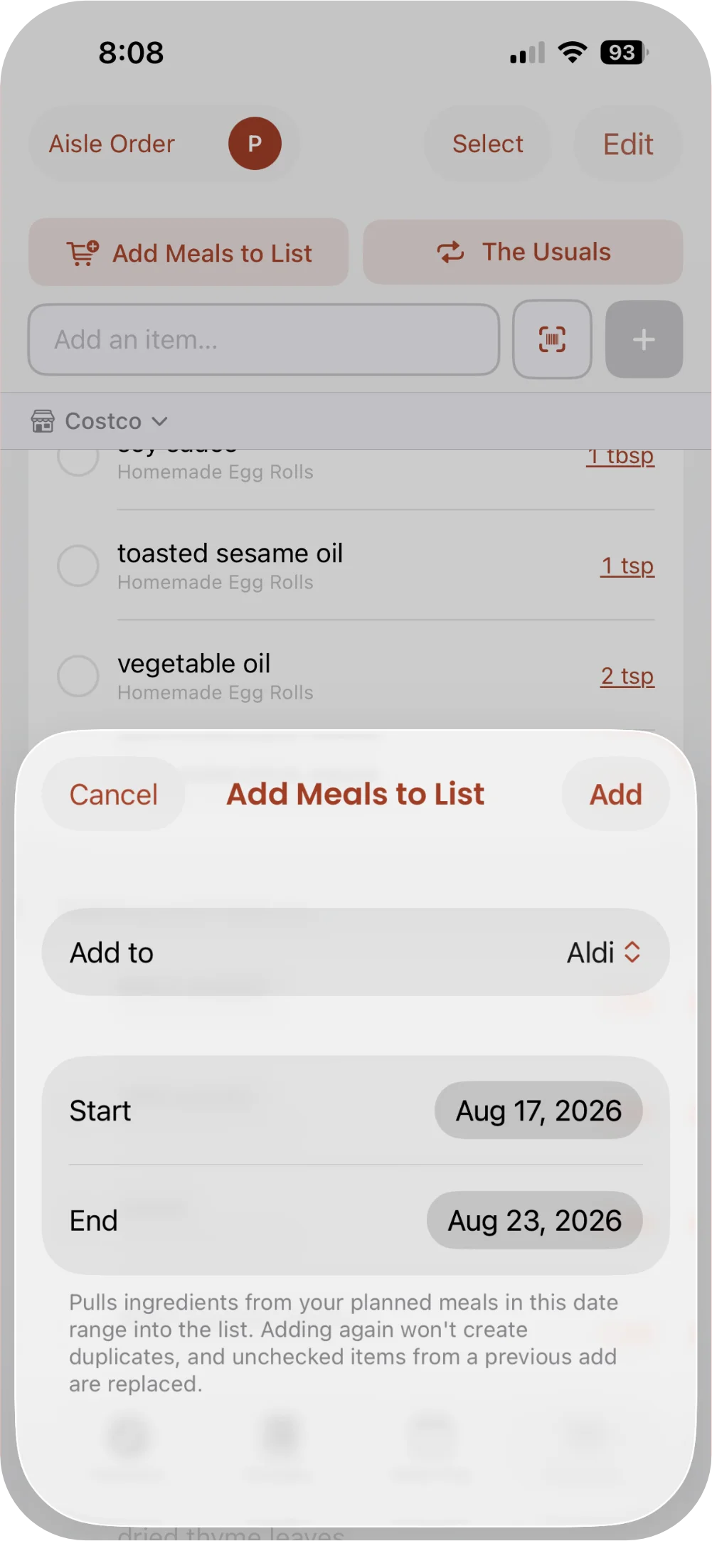 Screenshot of the Add Meals to List sheet in Taco Tuesday, pulling ingredients from a date range of planned meals onto the grocery list