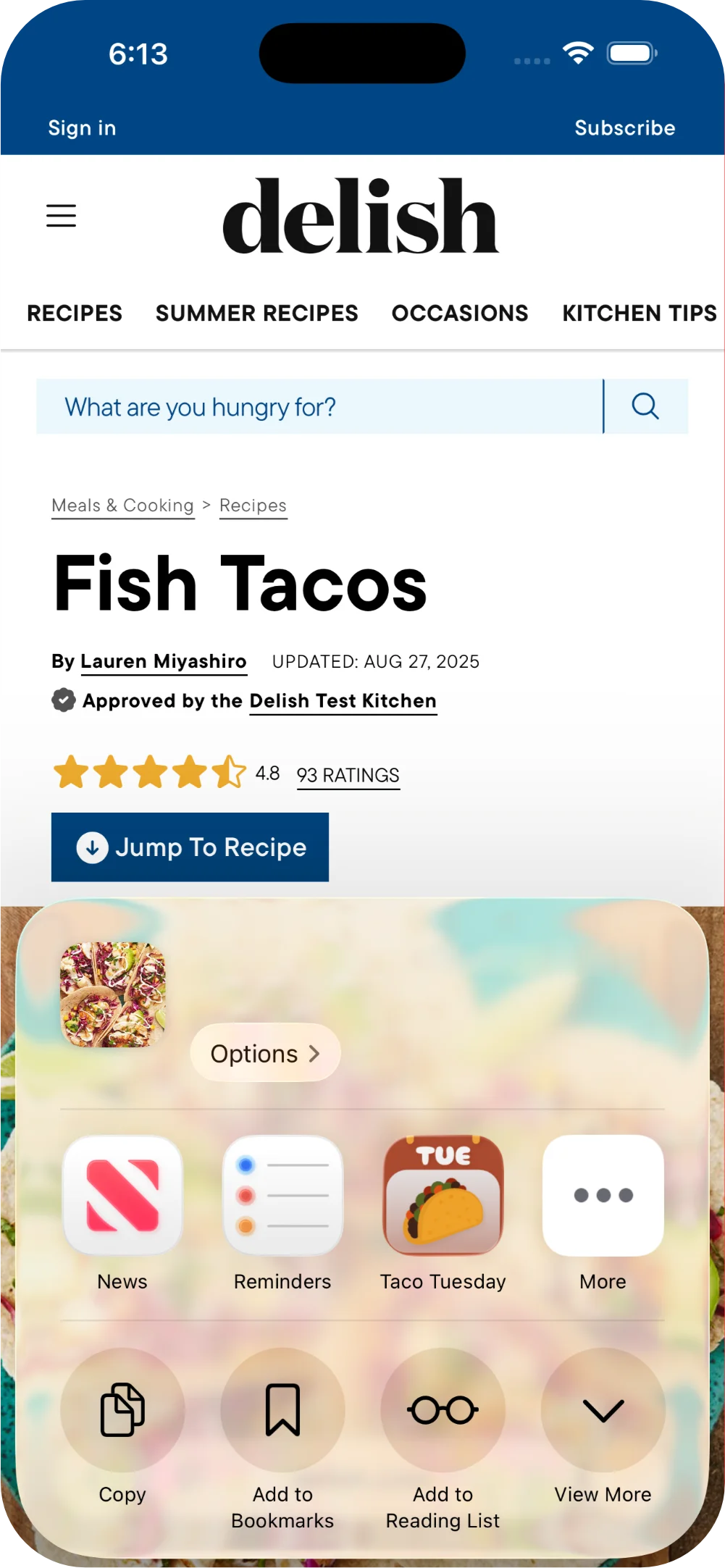 Screenshot of clipping a recipe into Taco Tuesday from the iOS share sheet on a recipe website